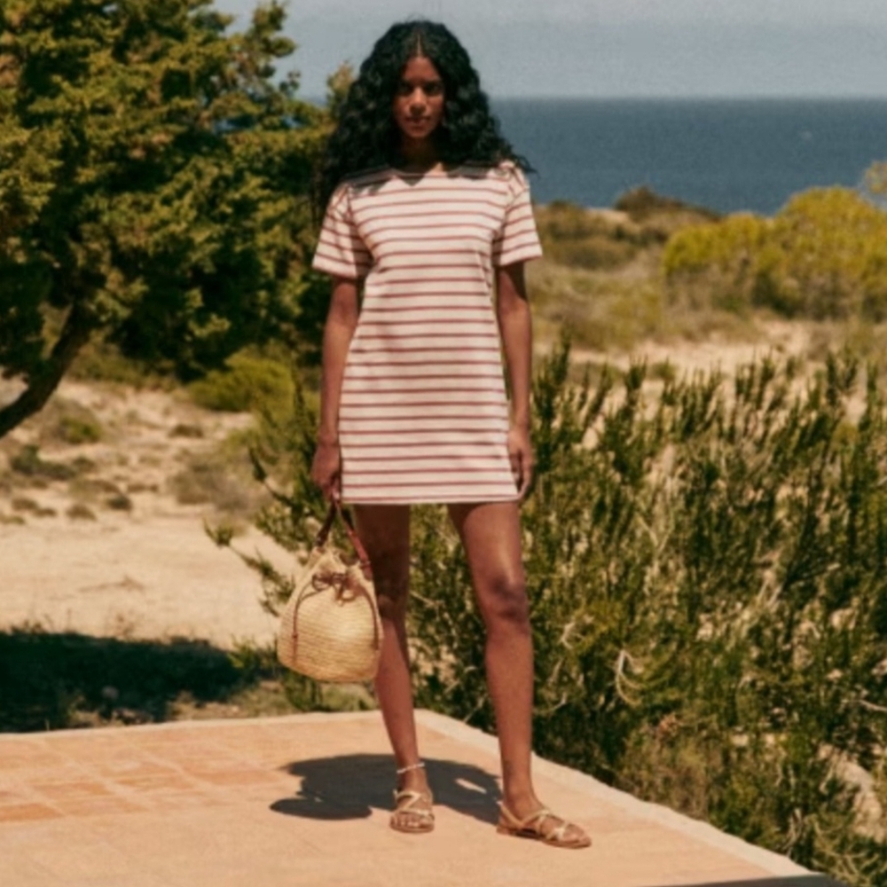 Sézane Delphie Striped Short Sleeve Shirt Dress with Button Detail